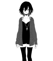 Rule 34 | 1girl, 23i2ko, aegyo sal, black hair, black nails, black shorts, black tank top, black thighhighs, cardigan, commentary, constricted pupils, cross, cross necklace, double-parted bangs, english commentary, feet out of frame, greyscale, hair between eyes, highres, jewelry, looking at viewer, medium hair, monochrome, necklace, open cardigan, open clothes, open mouth, original, ribbed sweater, short shorts, shorts, simple background, solo, spaghetti strap, sweater, tank top, thighhighs, white background, zettai ryouiki