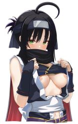 Rule 34 | 1girl, ahoge, back bow, bare shoulders, black hair, black scarf, blue bridal gauntlets, blue kimono, blush, bow, breasts, breasts apart, bridal gauntlets, commentary request, covered mouth, film grain, forehead protector, furrowed brow, green eyes, green pupils, hair between eyes, hands up, highres, hitachi mako, huge ahoge, japanese clothes, kimono, kimono pull, large breasts, looking at viewer, navel, ninja, nipples, pulling own clothes, red scarf, sash, scarf, senren banka, short hair with long locks, shy, simple background, sleeveless, sleeveless kimono, solo, tft (tft7822), tsurime, two-sided scarf, upper body, white background, white bow, white sash