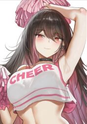 1girl arm_up armpits black_choker black_hair blush breasts choker closed_mouth commentary english_commentary holding holding_pom_poms large_breasts midriff multicolored_hair original pink_hair pom_pom_(cheerleading) pom_poms red_eyes second-party_source simple_background smile solo streaked_hair upper_body vloodozer white_background