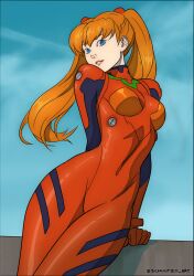 1girl absurdres alternate_hairstyle arm_support artist_request blue_eyes blue_sky bodysuit breasts brown_hair cowboy_shot curvy floating_hair highres legs_together long_hair looking_at_viewer mecha_pilot_suit neon_genesis_evangelion outdoors plugsuit_(evangelion) red_bodysuit signature simple_background sky small_breasts solo souryuu_asuka_langley standing tsundere twintails very_long_hair wide_hips