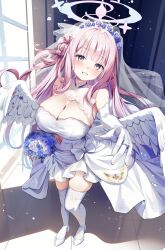 1girl angel_wings bare_shoulders blue_archive blue_flower blush bouquet bow breasts cleavage dress elbow_gloves feathered_wings flower gloves gradient_halo grin hair_bun halo high_heels highres holding holding_bouquet huge_breasts jewelry kinokomushi long_hair looking_at_viewer low_wings mika_(blue_archive) multicolored_halo pink_hair pink_halo pumps purple_flower ring see-through_clothes see-through_veil shoes single_side_bun smile solo thighhighs thighs tile_floor tiles veil wedding_dress wedding_ring white_bow white_dress white_flower white_gloves white_shoes white_thighhighs white_veil white_wings window wings yellow_eyes