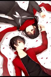 1boy 1girl bad_id bad_pixiv_id black_hair black_serafuku enpera hair_ornament hairclip highres kagerou_project kisaragi_shintarou long_hair petals rara_(pql-amz) red_scarf rose_petals scarf school_uniform serafuku short_hair tateyama_ayano vocaloid white_background yamaha