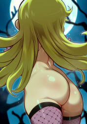 1girl ass back blonde_hair blurry blurry_background body_blush branch elbow_gloves female_focus fishnet_thighhighs fishnets from_behind full_moon gloves gluteal_fold halloween halloween_costume jcm2 lola_loud loli long_hair looking_up median_furrow moon night nude outdoors pink_gloves pink_thighhighs purple_thighhighs reaching skindentation sky solo standing the_loud_house thighhighs upper_body vampire