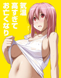 Rule 34 | 1girl, alternate costume, bare shoulders, blush, breasts, cleavage, clothes lift, commentary request, crop top, hair between eyes, highres, large breasts, midriff, navel, no headwear, nori tamago, pink eyes, pink hair, red eyes, saigyouji yuyuko, shirt lift, short hair, solo, sweat, tank top, touhou, translation request, underboob