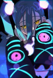 Rule 34 | 1girl, artist name, bare shoulders, blurry, chromatic aberration, closed mouth, commentary, depth of field, detached hair, detached sleeves, expressionless, ghost miku (project voltage), gimtaro, grey hair, hair between eyes, hands up, hatsune miku, highres, long hair, nintendo, pokemon, project voltage, sleeves past fingers, sleeves past wrists, solo, twintails, twitter username, vocaloid, will-o&#039;-the-wisp (mythology), yellow eyes