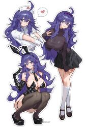 1girl @_@ ahoge alternate_breast_size animal_ear_hairband animal_ears bags_under_eyes bare_shoulders black_gloves black_leotard black_shoes black_skirt black_thighhighs breasts cleavage closed_mouth detached_collar elbow_gloves fake_animal_ears gloves hair_between_eyes hairband hat hex_maniac_(pokemon) high_heels highleg highleg_leotard highres inhoso large_breasts leotard long_hair long_sleeves looking_at_viewer messy_hair miniskirt nintendo nurse nurse_cap playboy_bunny poke_ball poke_ball_(basic) pokemon pokemon_legends:_z-a pokemon_xy purple_eyes purple_hair purple_hairband purple_nails purple_sweater rabbit_ear_hairband rabbit_ears shirt shoes simple_background skirt smile socks standing strapless strapless_leotard sweater thighhighs white_background white_gloves white_socks