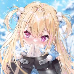 1girl black_coat blonde_hair blue_scarf blurry blurry_background blush bow breath coat hair_bow hair_ornament hair_ribbon heart heart-shaped_pupils highres long_hair long_sleeves looking_at_viewer mittens multicolored_hair original own_hands_together pink_eyes pink_hair pom_pom_(clothes) pom_pom_hair_ornament ribbon scarf sidelocks solo streaked_hair symbol-shaped_pupils two_side_up upper_body white_mittens winter_clothes yuia