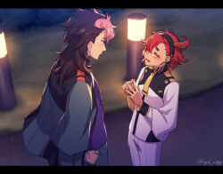 1boy 1girl asticassia_school_uniform black_hair blush brown_hair closed_eyes cowboy_shot gesl_nsgp guel_jeturk gundam gundam_suisei_no_majo hair_between_eyes hand_in_pocket jacket jacket_on_shoulders lamp letterboxed long_hair long_sleeves looking_at_another low_ponytail mole mole_under_eye mullet multicolored_hair open_mouth own_hands_together pink_hair ponytail red_hair school_uniform short_hair_with_long_locks shorts smile standing suletta_mercury thick_eyebrows twitter_username two-tone_hair white_jacket white_shorts