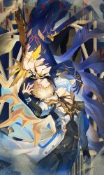 Rule 34 | 2boys, absurdres, alternate form, antenna hair, armor, asymmetrical wings, black choker, black gloves, black pants, black shirt, black wings, blonde hair, blue cape, blue eyes, cape, choker, coat, commentary, cracked skin, dual persona, english commentary, fingerless gloves, gloves, hair between eyes, halo, halo behind head, highres, honkai: star rail, honkai (series), male focus, material growth, multiple boys, neck tattoo, nekonekomiii, pants, pauldrons, phainon (honkai: star rail), shirt, short hair, shoulder armor, single glove, single pauldron, sun symbol, sun tattoo, tan, tattoo, thigh strap, torn clothes, torn shirt, white coat, white hair, wings, yellow blood, yellow eyes, yellow wings