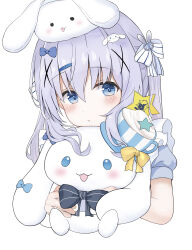 1girl :t absurdres blue_bow blue_eyes blush bow closed_mouth gochuumon_wa_usagi_desu_ka? hair_bow hair_ornament hair_ribbon hairclip highres holding holding_stuffed_toy hugging_object k12040707 kafuu_chino long_hair looking_at_viewer rabbit_hair_ornament ribbon short_sleeves sidelocks simple_background solo stuffed_animal stuffed_rabbit stuffed_toy upper_body white_background white_ribbon x_hair_ornament