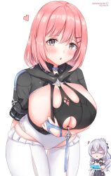 2girls :o arm_behind_back artist_name bikini bikini_top_only bikini_tug black_bikini black_shirt blue_nails blush bob_cut breasts bridal_gauntlets bronya_zaychik bronya_zaychik_(silverwing:_n-ex) cleavage cleavage_cutout clothing_cutout commentary_request cowboy_shot dated dress framed_breasts frilled_thighhighs frills grey_eyes grey_hair hair_between_eyes hair_ornament hairclip heart highres holographic_interface honkai_(series) honkai_impact_3rd large_breasts leaning_forward leotard looking_at_viewer multiple_girls no_mask open_mouth pink_hair shirt short_hair short_sleeves sidelocks simple_background single_bridal_gauntlet skindentation solo standing surprised sweat swimsuit thigh_gap thighhighs timido_cute triangle_mouth uki_(kiw_kiu) variant_set white_background white_dress white_leotard white_thighhighs