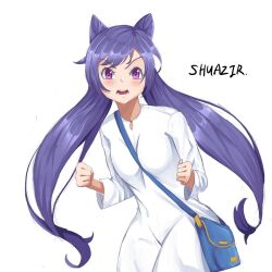 1girl angry bag baju_kurung breasts cone_hair_bun double_bun genshin_impact hair_bun hair_ears keqing_(genshin_impact) long_hair malaysian_clothes malaysian_secondary_school_uniform medium_breasts open_mouth purple_eyes purple_hair satchel school_uniform shuazir solo twintails
