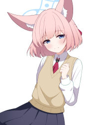 1girl animal_ear_fluff animal_ears black_skirt blue_archive blue_eyes blue_halo blush closed_mouth collared_shirt cowboy_shot dot_nose dutch_angle fox_ears fox_girl grey_sweater_vest halo highres long_sleeves looking_at_viewer necktie niko_(blue_archive) pink_hair pleated_skirt red_necktie shirt short_hair simple_background skirt solo split_mouth sweater_vest white_background white_shirt zundamochi_(sera)