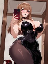1girl absurdres black_choker black_dress black_lips black_nails blush breasts brown_hair cellphone choker commentary commission dress english_commentary high_heels highres holding holding_phone idolmia jewelry large_breasts lipstick long_hair makeup mirror mirror_selfie original pantyhose phone red_eyes red_shoes selfie shoes sidelocks smartphone solo