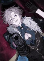 1boy aiming aiming_at_viewer aqua_eyes aventurine_(honkai:_star_rail) black_gloves blonde_hair cleavage_cutout clothing_cutout coat fur_trim gloves gun highres holding holding_gun holding_weapon honkai:_star_rail honkai_(series) lying male_focus medium_hair multicolored_eyes ox_xohappy pectoral_cleavage pectorals purple_eyes smirk solo weapon wolf_cut