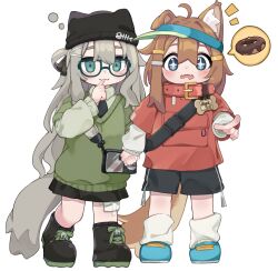 +_+ 2girls absurdres animal_ear_fluff animal_ears beanie black_footwear black_hat black_necktie black_shorts black_skirt black_socks blue-framed_eyewear blue_eyes blue_footwear boots brown_hair closed_mouth collared_shirt commentary_request donut drooling eyebrows_hidden_by_hair fangs finger_to_mouth food glasses green_hat green_sweater grey_hair grey_shirt hair_between_eyes hair_ornament hairclip hat highres holding_hands kipfel_(vrchat) lace-up_boots layered_sleeves long_sleeves mamehinata mouth_drool multiple_girls necktie notice_lines open_mouth pleated_skirt pointing pointing_at_viewer puffy_long_sleeves puffy_sleeves red_shirt reine_(reineko6) ribbed_socks shirt short-sleeved_sweater short_over_long_sleeves short_sleeves shorts simple_background single_ear_down skirt smile socks spoken_food sweater tail thick_eyebrows visor_cap vrchat white_background white_shirt white_socks