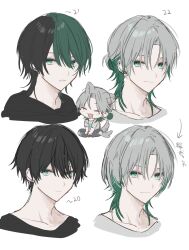 1boy age_progression alternate_hairstyle animal_ears black_hair black_hoodie black_pants blush butterfly_sitting chibi closed_mouth commentary_request ear_piercing full_body green_eyes green_hair grey_hair grey_shirt hair_between_eyes hair_bun hair_over_one_eye highres hood hoodie huzurina_suruba looking_at_viewer male_focus medium_hair mole mole_under_mouth multicolored_hair open_mouth original pants parted_lips piercing portrait shirt simple_background sitting smile t-shirt tail tail_wagging teeth torn_clothes torn_pants translation_request two-tone_hair