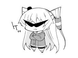 1girl amatsukaze_(kancolle) ataru_(ataru-littlebird) chibi commentary_request crossed_arms dress full_body greyscale hair_tubes hat kamina_shades kantai_collection mini_hat monochrome neckerchief sailor_collar sailor_dress smokestack_hair_ornament solo sunglasses thighhighs two_side_up