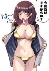 1girl bikini blush breasts brown_eyes brown_hair clothes_pull gold_bikini gundam gundam_lost_war_chronicles highres jacket large_breasts looking_at_viewer military military_jacket military_uniform noel_anderson one_eye_closed open_clothes open_jacket open_mouth pulling_own_clothes short_hair simple_background solo sweatdrop swimsuit undressing yamany