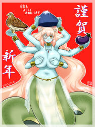 1girl 2025 bangle bird blonde_hair blue_skin blush border bracelet breasts chinese_zodiac colored_skin commentary_request covering_breasts covering_privates dated eggplant extra_arms female_focus flower flower_over_eye full_body grey_border hair_flower hair_ornament happy_new_year hatsuyume hawk highres huge_breasts itini-sanshi jewelry kirakishou lamia long_hair looking_at_viewer monster_girl monsterification mount_fuji navel new_year open_mouth pelvic_curtain red_background rose rozen_maiden simple_background smile solo topless_female translated very_long_hair wavy_hair white_flower white_rose year_of_the_snake yellow_eyes