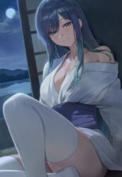 absurdres ai-assisted amiki_yuzuru blue_hair blue_sky breasts collarbone commentary_request highres indoors japanese_clothes kimono kurokawa_akane light_smile long_hair night night_sky oshi_no_ko sky thighhighs yukata