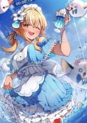 1girl ;d apron ben-day_dots blonde_hair blue_dress blue_sky blurry blurry_foreground breasts chameleon_(chameleon0613) cloud cup dark-skinned_female dark_skin day dress elf elfriend_(shiranui_flare) fake_phone_screenshot fake_screenshot flower frilled_dress frills hair_flower hair_ornament hololive holonatsu_paradise large_breasts long_hair looking_at_viewer maid maid_headdress multicolored_hair one_eye_closed open_mouth outdoors pointy_ears screentones shiranui_flare shiranui_flare_(holonatsu_paradise) sidelocks skirt_hold sky smile solo streaked_hair teeth twintails upper_teeth_only virtual_youtuber water