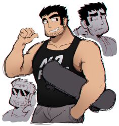 1boy aip_(monarchaip) bara beard_stubble black_eyes black_hair black_tank_top cropped_legs cropped_shoulders facial_hair grin hand_in_pocket highres huge_eyebrows lucas_lee male_focus muscular muscular_male pants partially_colored pectorals pointing pointing_at_self scott_pilgrim_(series) scott_pilgrim_takes_off short_hair sidepec sideways_glance sideways_mouth smile stubble sunglasses tank_top