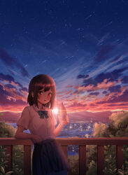 1girl absurdres against_railing black_hair black_skirt blue_sky blush bottle brown_eyes building city city_lights cloud collared_shirt evening highres hkcutie holding holding_bottle leaf lens_flare looking_at_viewer mountainous_horizon night open_mouth original pleated_skirt railing scenery school_uniform shirt shirt_tucked_in shooting_star short_sleeves skirt sky solo sunset tree white_shirt