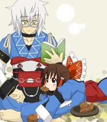 1boy 1girl barefoot blush book bow brown_eyes brown_hair cosplay food glasses hair_bow hakurei_reimu indian_style lap looking_up morichika_rinnosuke morichika_rinnosuke_(cosplay) mouth_hold sag_(karehabase) senbei short_hair silver_hair sitting touhou yellow_eyes