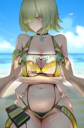 1boy 1girl absurdres beach black_choker blonde_hair blue_sky breasts choker cleavage cleavage_cutout clothing_cutout cloud collarbone controller curvy day elegg_(boom_and_shock)_(nikke) elegg_(nikke) fang goddess_of_victory:_nikke grabbing_another&#039;s_breast groping heart_cutout hetero highres large_breasts looking_at_viewer navel nekoten_(pixiv_50710337) outdoors pov pov_hands purple_eyes remote_control short_hair sky slingshot_swimsuit solo_focus stomach suspenders swimsuit wavy_mouth wide_hips yellow_slingshot_swimsuit