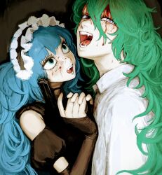1boy 1girl blood blood_from_forehead blood_on_clothes blood_on_face blue_eyes blue_hair clothing_cutout collared_shirt copyright_request crazy_smile detached_sleeves dilated_pupils eyelashes fangs frilled_hairband frills from_side gakudayo gothic_lolita green_hair gun hairband head_tilt highres holding holding_gun holding_weapon licking_lips lolita_fashion long_hair looking_at_another looking_up open_mouth purple_eyes shirt shoulder_cutout side_ponytail smile tongue tongue_out wavy_hair weapon