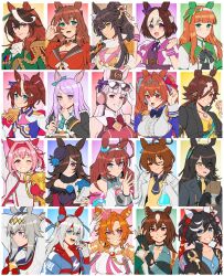 6+girls agnes_tachyon_(umamusume) ahoge animal_ears ascot black_gloves black_hair bow bowtie breasts brown_hair clenched_hand clenched_hands coat commentary daiwa_scarlet_(umamusume) ear_covers english_commentary epaulettes eyewear_on_head fingerless_gloves gloves gold_ship_(umamusume) green_eyes grin hair_ornament haru_urara_(umamusume) hat highres horse_ears horse_girl jewelry katsuragi_ace_(umamusume) large_breasts long_hair manhattan_cafe_(umamusume) maruzensky_(umamusume) mejiro_mcqueen_(umamusume) mihono_bourbon_(umamusume) multicolored_hair multiple_girls narita_brian_(umamusume) necklace necktie oguri_cap_(umamusume) one_eye_closed orange_hair pink_hair ponytail purple_hair radiostarkiller rice_shower_(umamusume) short_sleeves silence_suzuka_(umamusume) single_epaulette sirius_symboli_(umamusume) smile special_week_(umamusume) sunglasses symboli_rudolf_(umamusume) t.m._opera_o_(umamusume) tamamo_cross_(umamusume) tiara tilted_headwear tokai_teio_(umamusume) trophy umamusume upper_body vodka_(umamusume) white_hair