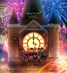 Rule 34 | 2girls, 3boys, :d, arm up, asymmetrical bangs, bede (pokemon), black hair, black jacket, blonde hair, blue eyes, blush, brown hair, cardigan, clock, clock tower, closed eyes, closed mouth, coat, cocoloco, commentary request, dress, fireworks, fur-trimmed jacket, fur trim, gen 4 pokemon, gloria (pokemon), grey cardigan, happy new year, hop (pokemon), jacket, marnie (pokemon), multiple boys, multiple girls, new year, nintendo, open mouth, pants, pokemon, pokemon (creature), pokemon swsh, purple coat, purple eyes, red shirt, rotom, rotom phone, shirt, sitting, smile, tower, victor (pokemon)