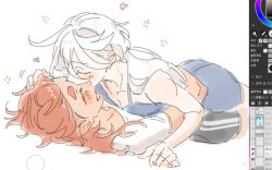 Rule 34 | 2girls, art program in frame, black shorts, blue camisole, blue shorts, bluish gray cat, blush, camisole, closed eyes, commentary, fine art parody, grin, gundam, gundam suisei no majo, heart, kiss, kissing cheek, long hair, miorine rembran, multiple girls, parody, red hair, shirt, short sleeves, shorts, simple background, smile, suletta mercury, white background, white hair, white shirt, yuri