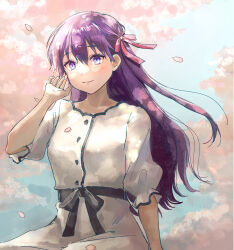 1girl absurdres blush cherry_blossoms closed_mouth commentary dress fate/stay_night fate_(series) hair_between_eyes hair_ribbon hanami highres long_hair looking_at_viewer matou_sakura pink_ribbon purple_eyes purple_hair ribbon smile solo tanatu_0 white_dress