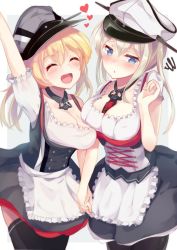 10s 2girls :d :o ^_^ adapted_costume apron arm_up bad_id bad_twitter_id black_legwear blonde_hair blue_eyes breast_press breasts cleavage closed_eyes corset detached_collar dirndl closed_eyes german_clothes graf_zeppelin_(kancolle) holding_hands happy hat heart igayan interlocked_fingers kantai_collection large_breasts long_hair low_twintails multiple_girls open_mouth pantyhose peaked_cap prinz_eugen_(kancolle) smile spiral symmetrical_docking thighhighs tongue tongue_out twintails underbust waist_apron