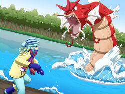 1boy absurdres alternate_color arice487 blue_boots blue_mittens blue_scarf boots commentary_request day gen_1_pokemon grusha_(pokemon) gyarados highres jacket lake long_sleeves male_focus mittens nintendo outdoors pants pokemon pokemon_(creature) pokemon_sv scarf scarf_over_mouth shiny_pokemon sky splashing standing striped_clothes striped_scarf tree water water_drop yellow_jacket