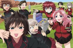 Rule 34 | 6+girls, akaboshi koume, alternate hairstyle, black jacket, black ribbon, black skirt, blue eyes, bowl cut, brown eyes, brown hair, cellphone, collared shirt, commission, cranberry (girls und panzer), curly hair, desert, emblem, girls und panzer, girls und panzer saishuushou, grass, green eyes, grey eyes, grey hair, hair ribbon, hand up, hida ema, hill, holding, holding brush, holding makeup brush, holding makeup palette, holding phone, itsumi erika, jacket, kojima emi, kuromorimine military uniform, long hair, looking at mirror, makeup, makeup brush, makeup palette, miniskirt, mirror, multiple girls, nail polish, one side up, peach (girls und panzer), phone, pink hair, pointy hair, red hair, red jacket, red skirt, ribbon, scamp (scamp f16), shimada arisu, shirt, short hair, side ponytail, skirt, smartphone, smile, spiked hair, st. gloriana&#039;s (emblem), st. gloriana&#039;s military uniform, suitcase, thumbs down, tongue, tongue out, vanilla (girls und panzer)