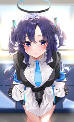 1girl absurdres black_skirt blue_archive blue_necktie blush breasts closed_mouth collared_shirt emduck feet_out_of_frame hair_between_eyes halo highres jacket large_breasts long_hair long_sleeves looking_at_viewer mechanical_halo necktie open_clothes open_jacket pleated_skirt purple_eyes purple_hair shirt sitting skirt solo train_interior two_side_up white_jacket white_shirt yuuka_(blue_archive)