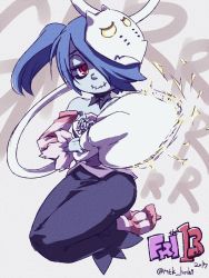 1girl 2017 blue_hair blue_skin chainsaw colored_skin cosplay detached_collar detached_sleeves dress friday_the_13th full_body hair_over_one_eye hockey_mask jason_voorhees jason_voorhees_(cosplay) leviathan_(skullgirls) mask mask_on_head mtk_hoshi red_eyes side_ponytail skeletal_arm skullgirls smile solo squigly_(skullgirls) stitched_mouth stitches striped_legwear striped_sleeves transformation yellow_eyes zombie