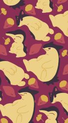 closed_eyes commentary_request creatures_(company) cyndaquil evolutionary_line food game_freak gen_2_pokemon ginkgo_leaf happy hisuian_typhlosion leaf nintendo no_humans nostrils open_mouth pokemon pokemon_(creature) purple_background quilava satsumapotato sitting smile sweet_potato