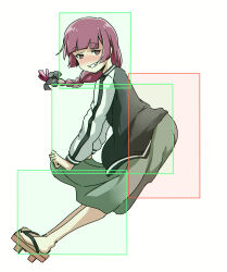 1girl black_jacket bocchi_the_rock! dress fighting_game geta green_dress hiroi_kikuri hitbox jacket open_clothes open_jacket purple_hair skullgirls solo squigly_(skullgirls) thighs torako_(toramaru) white_background