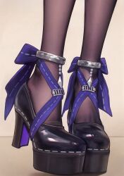 1girl ai-assisted black_pantyhose black_shoes brown_background feet feet_only foot_focus footwear_focus high_heels highres pantyhose platform_heels poki_(j0ch3fvj6nd) shadow shoes solo strappy_heels toe_cleavage vivian_(zenless_zone_zero) zenless_zone_zero