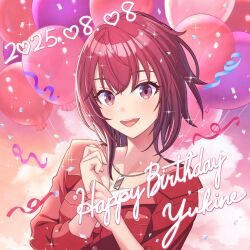 Rule 34 | 1girl, 2025, absurdres, artist request, balloon, confetti, gionji yukine, gradient sky, happy birthday, highres, holding, holding balloon, jacket, jewelry, looking at viewer, medium hair, necklace, official art, open mouth, red eyes, red hair, red jacket, shine post, shirt, sky, smile, solo, sparkle, teeth, upper body, upper teeth only, white shirt
