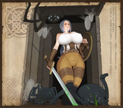 boots breasts bug curvy dungeon fighting_stance fingerless_gloves gloves huge_breasts l_axe long_hair monster pants ponytail red_eyes serious shield silk sleeveless spider spider_web standing sword tank_top tight_clothes tight_pants walking warcraft warrior weapon white_hair world_of_warcraft