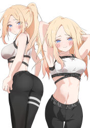 Rule 34 | 1girl, absurdres, armpits, ass, bare arms, black leggings, blonde hair, blush, breasts, commentary request, gakuen idolmaster, hands in hair, highres, idolmaster, juo sena, leggings, linea alba, long hair, looking at viewer, medium breasts, midriff, multiple views, navel, ponytail, simple background, smile, sports bra, uriumi sub, very long hair, white background, white sports bra