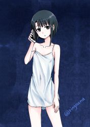 Rule 34 | 1girl, asymmetrical hair, brown eyes, brown hair, cellphone, collarbone, dress, hair ornament, hairclip, highres, iwakura lain, looking at viewer, phone, ringoanu, serial experiments lain, short hair, sleeveless, solo, strap slip, white dress, x hair ornament