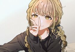 1girl alternate_costume bent_v blonde_hair blush braid commentary_request fujita_kotone gakuen_idolmaster idolmaster iwawa long_sleeves smile solo twin_braids upper_body v yellow_eyes