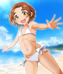 1girl beach bikini blue_sky brown_eyes brown_hair cloud commentary_request day feet_out_of_frame flat_chest highres horizon idolmaster idolmaster_cinderella_girls loli nonchan ocean open_mouth outdoors outstretched_arms round_teeth ryuzaki_kaoru short_hair side-tie_bikini_bottom sky solo swimsuit teeth upper_teeth_only white_bikini