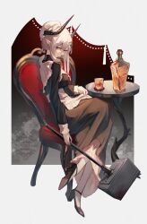 1girl alternate_costume apron arknights black_dress black_horns black_shoes breasts cognac cup double-parted_bangs dress drinking_glass earrings enmaided frilled_headwear from_side grey_background hair_ornament hammer hat hemorina highres holding holding_hammer horns jewelry large_breasts light_smile long_dress long_sidelocks maid maid_apron maid_day medium_hair mob_cap mudrock_(arknights) on_chair pointy_ears red_eyes rocks_glass shoes sidelocks sideways_glance sitting solo strappy_heels table white_apron white_hair white_sleeve_cuffs